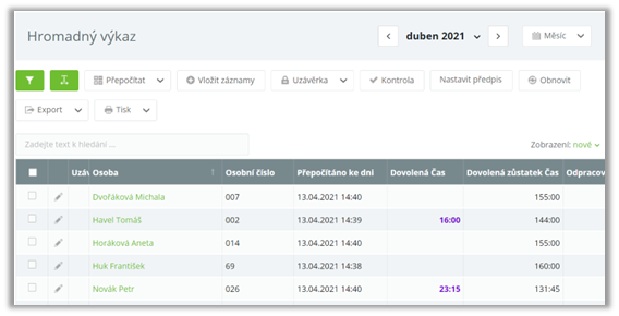 Obr. 13: Nároky zaměstnanců na dovolenou zobrazené v tabulce hromadného výkazu